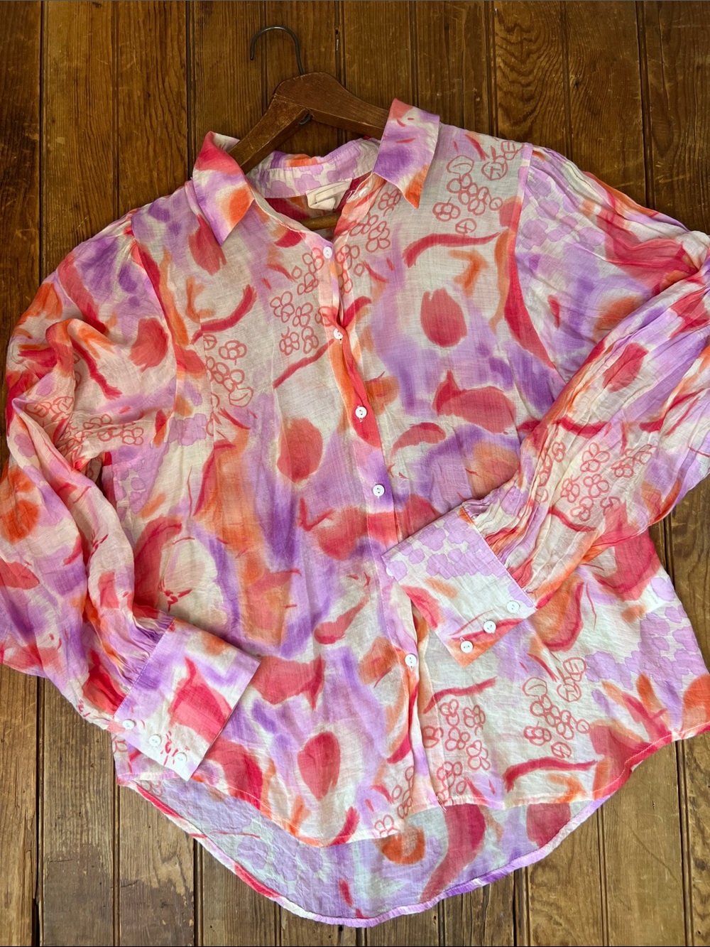 Women's Easy Clothes Blouse Pink Bright Color Button-Up puff full sleeve size L